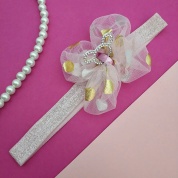 картинка Детская повязка на голову для девочек с фатиновым бантом в горох и мишкой в стразах