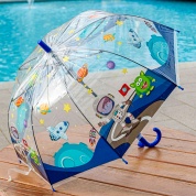 картинка Зонт трость детский для мальчиков и девочек «Космическое приключение» прозрачный со свистком